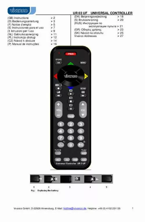 Notice VIVANCO UR 03 UF UNIVERSAL CONTROLLER - télécommande Trouver une